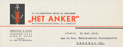 710709 Briefhoofd van Het Anker, N.V. De Utrechtsche Brood- en Meelfabriek, Directeur E. Poen, Wittevrouwensingel 12 te ...